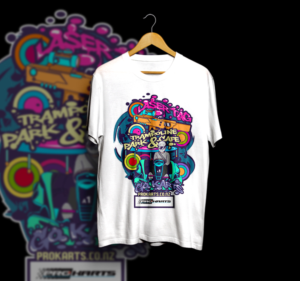 White t-shirt with colorful graphic design on a hanger against a black background